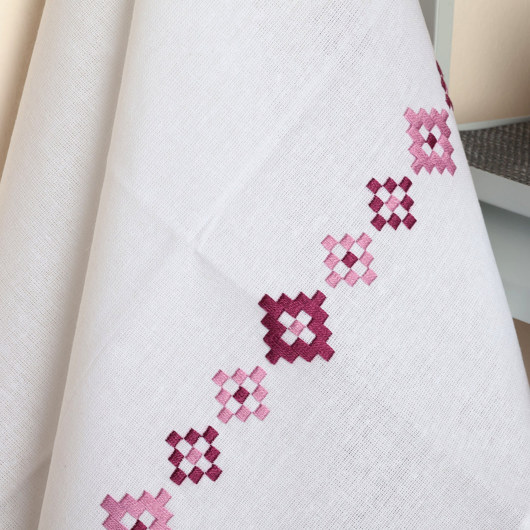 Geometric Embroidered Burgundy Cotton Tea Towel - Burgundy Sparkles