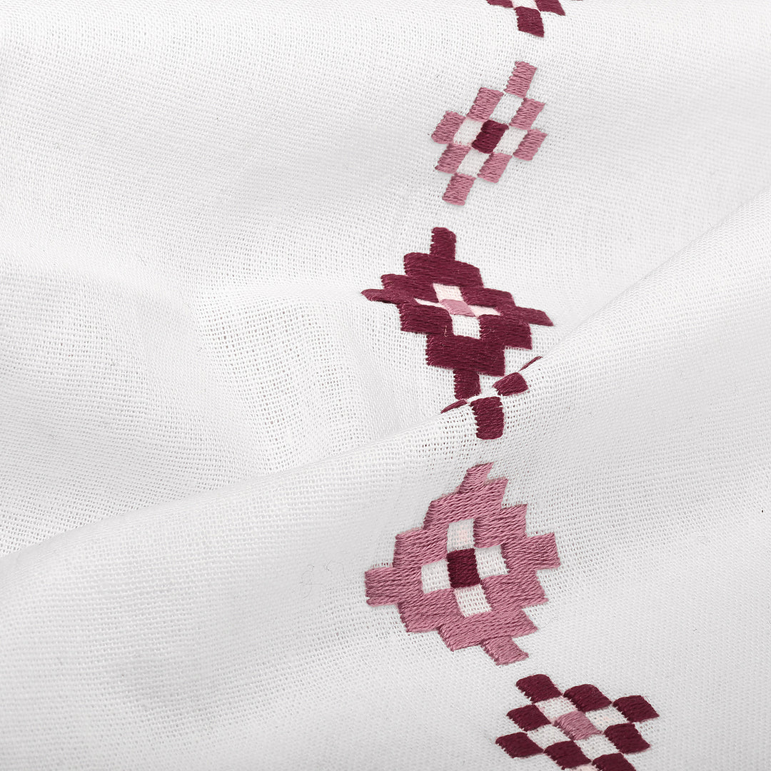 Geometric Embroidered Burgundy Cotton Tea Towel - Burgundy Sparkles