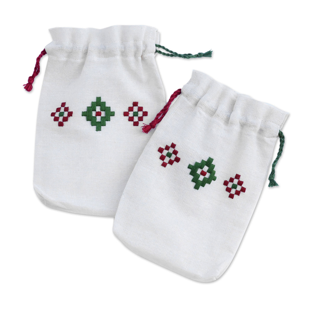 Set of 2 Embroidered Cotton Pouches from Armenia - Merlot Fields