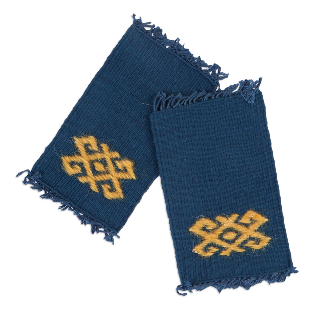 2 Handwoven Blue Cotton Coasters with Hand-Embroidered Motif - Traditions in Blue