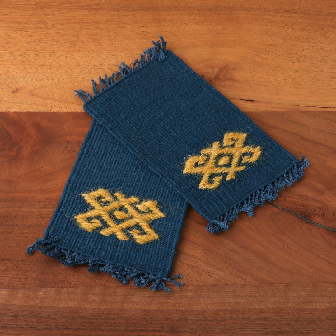2 Handwoven Blue Cotton Coasters with Hand-Embroidered Motif - Traditions in Blue