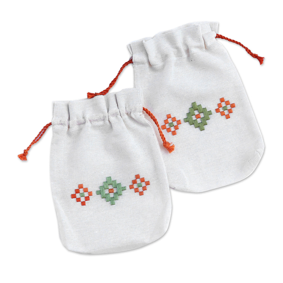 Set of 2 Embroidered Cotton Pouches from Armenia - Spring Mist