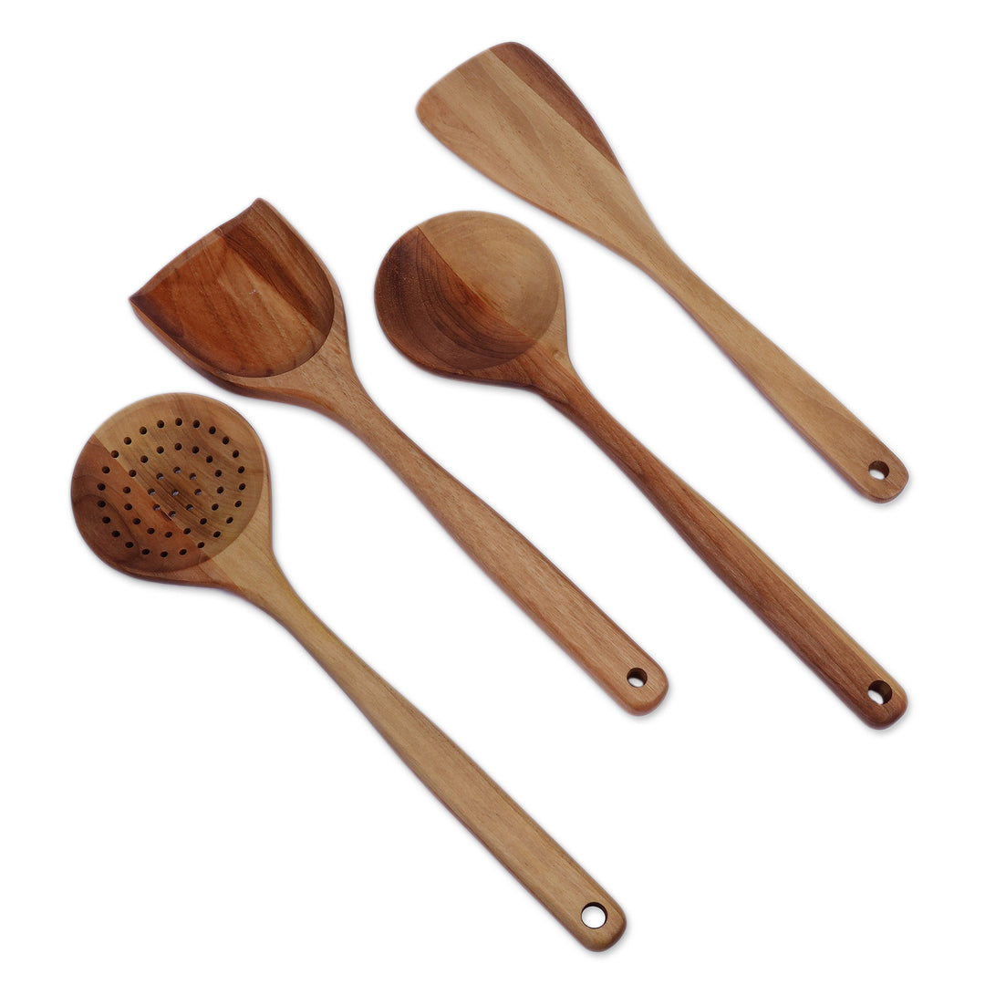 Armenian-Made Carved 4-Piece Beech Wood Serving Utensil Set - Culinary Quartet