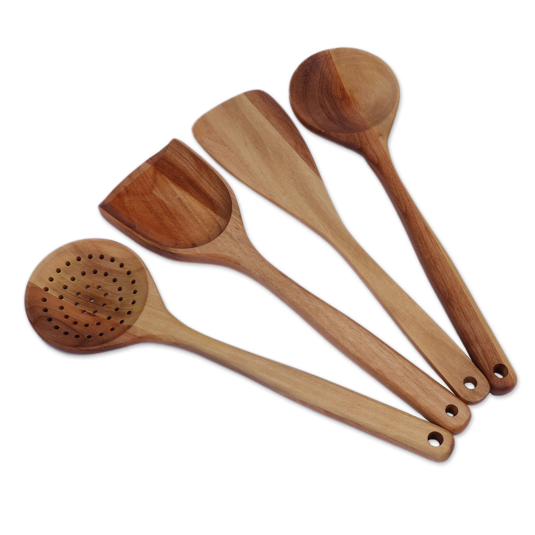 Armenian-Made Carved 4-Piece Beech Wood Serving Utensil Set - Culinary Quartet