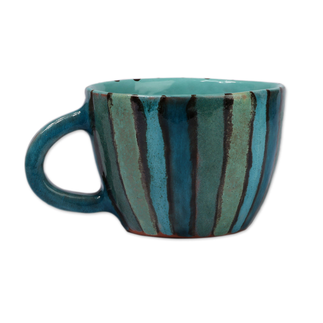 Glazed Striped Blue Ceramic Mug Crafted by Armenian Artisans - Fates of Blue