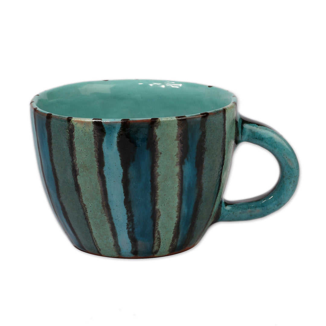 Glazed Striped Blue Ceramic Mug Crafted by Armenian Artisans - Fates of Blue