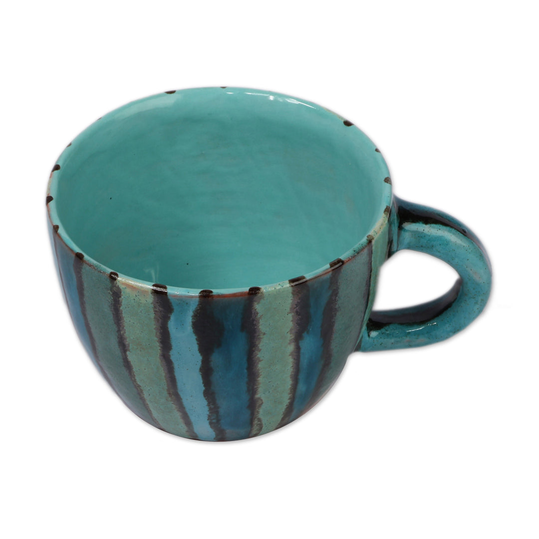 Glazed Striped Blue Ceramic Mug Crafted by Armenian Artisans - Fates of Blue