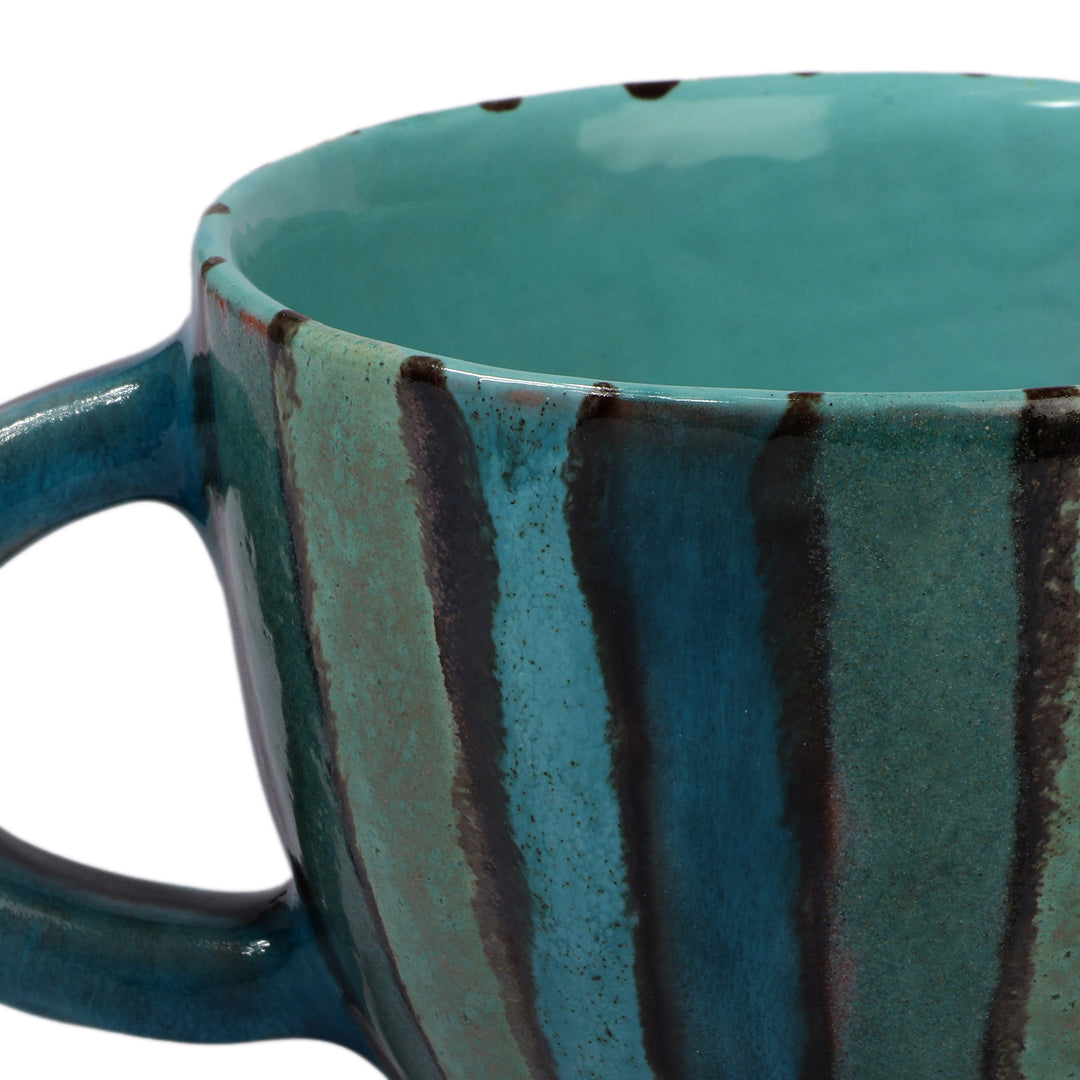 Glazed Striped Blue Ceramic Mug Crafted by Armenian Artisans - Fates of Blue