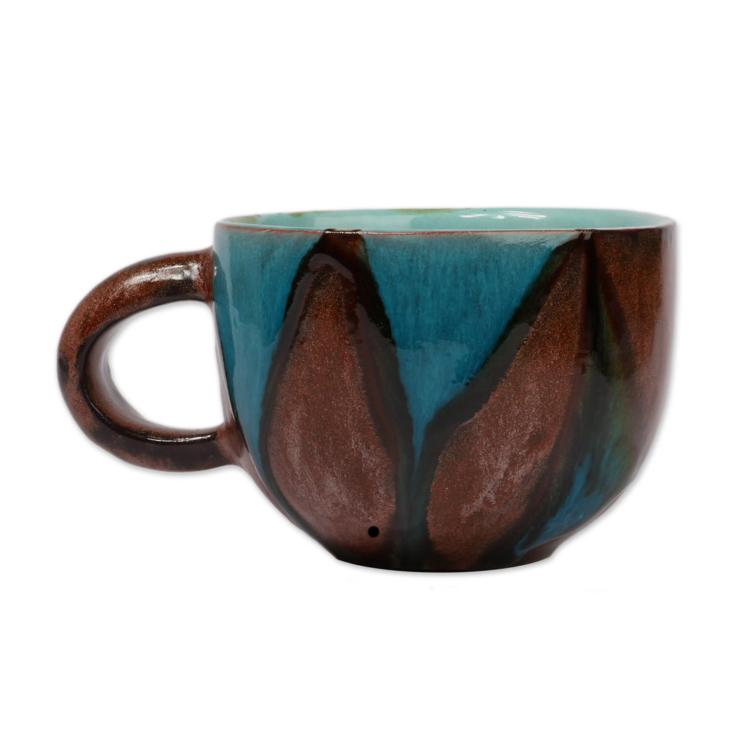 Geometric-Patterned Blue and Brown Glazed Ceramic Mug - Blue Peaks