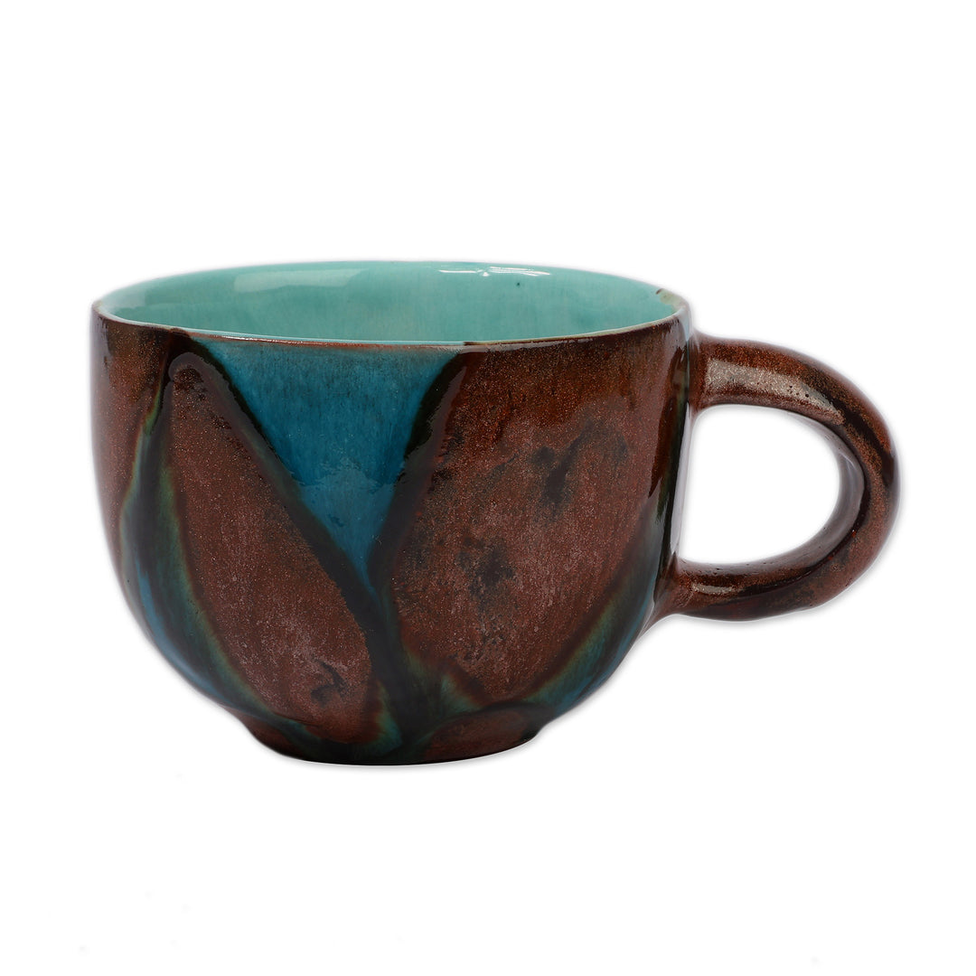 Geometric-Patterned Blue and Brown Glazed Ceramic Mug - Blue Peaks