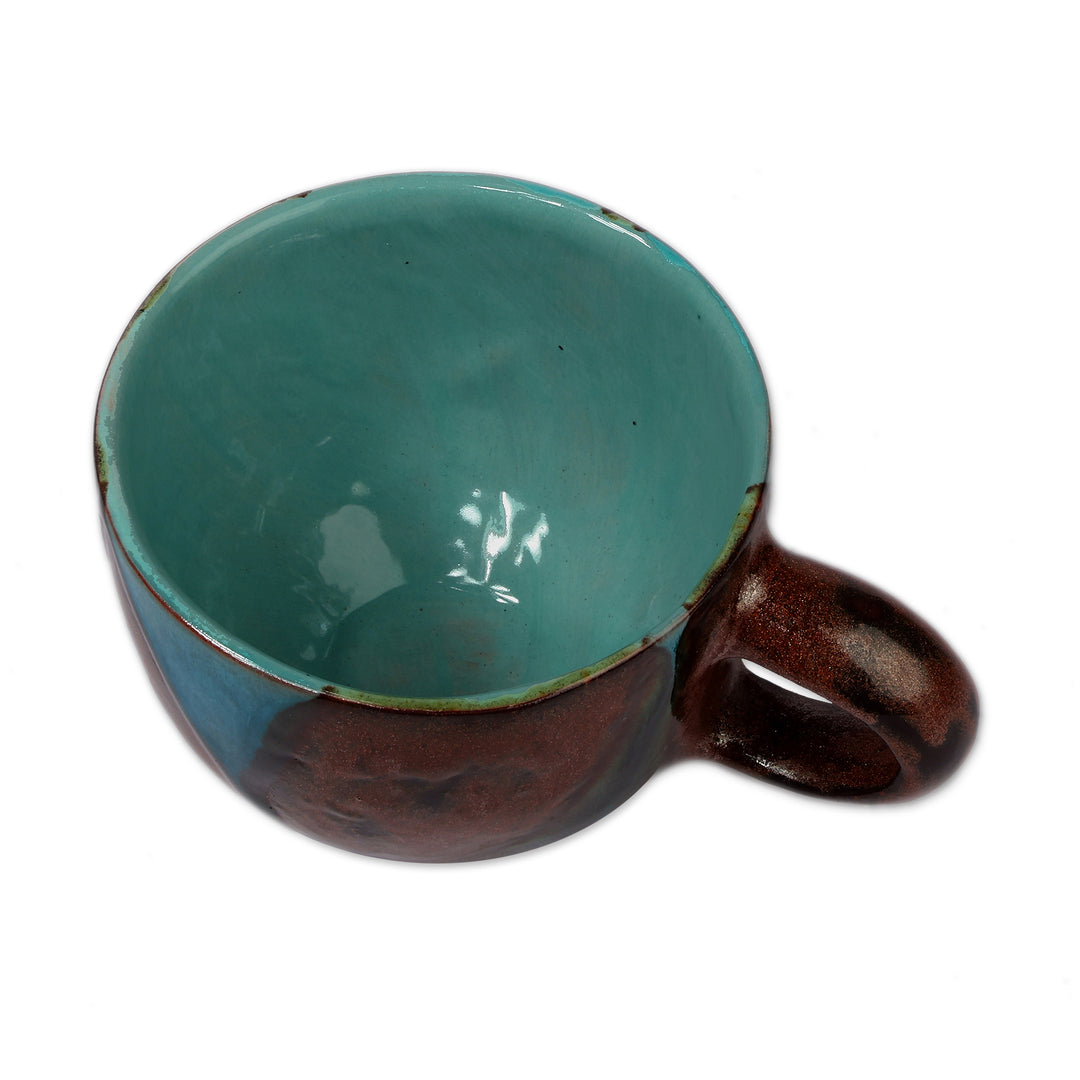 Geometric-Patterned Blue and Brown Glazed Ceramic Mug - Blue Peaks