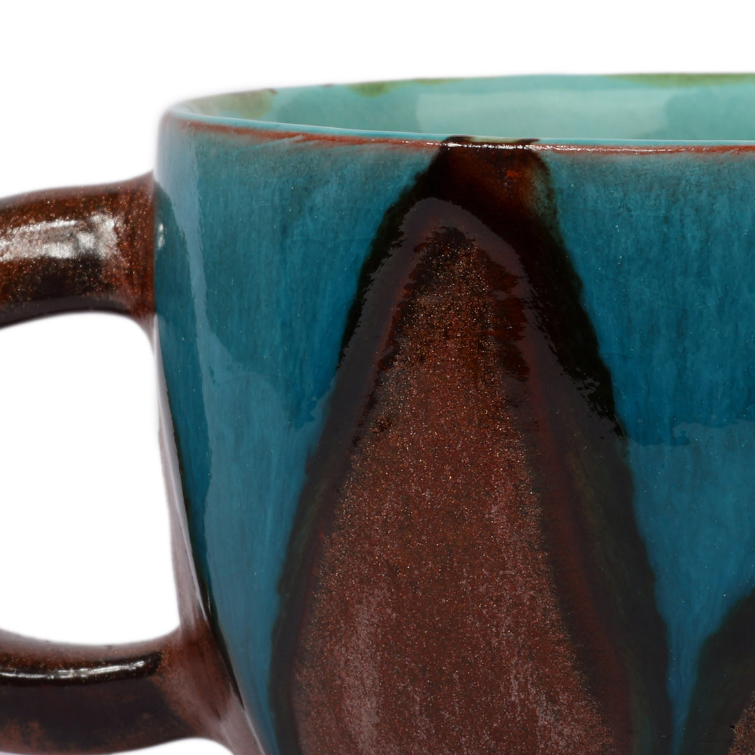 Geometric-Patterned Blue and Brown Glazed Ceramic Mug - Blue Peaks