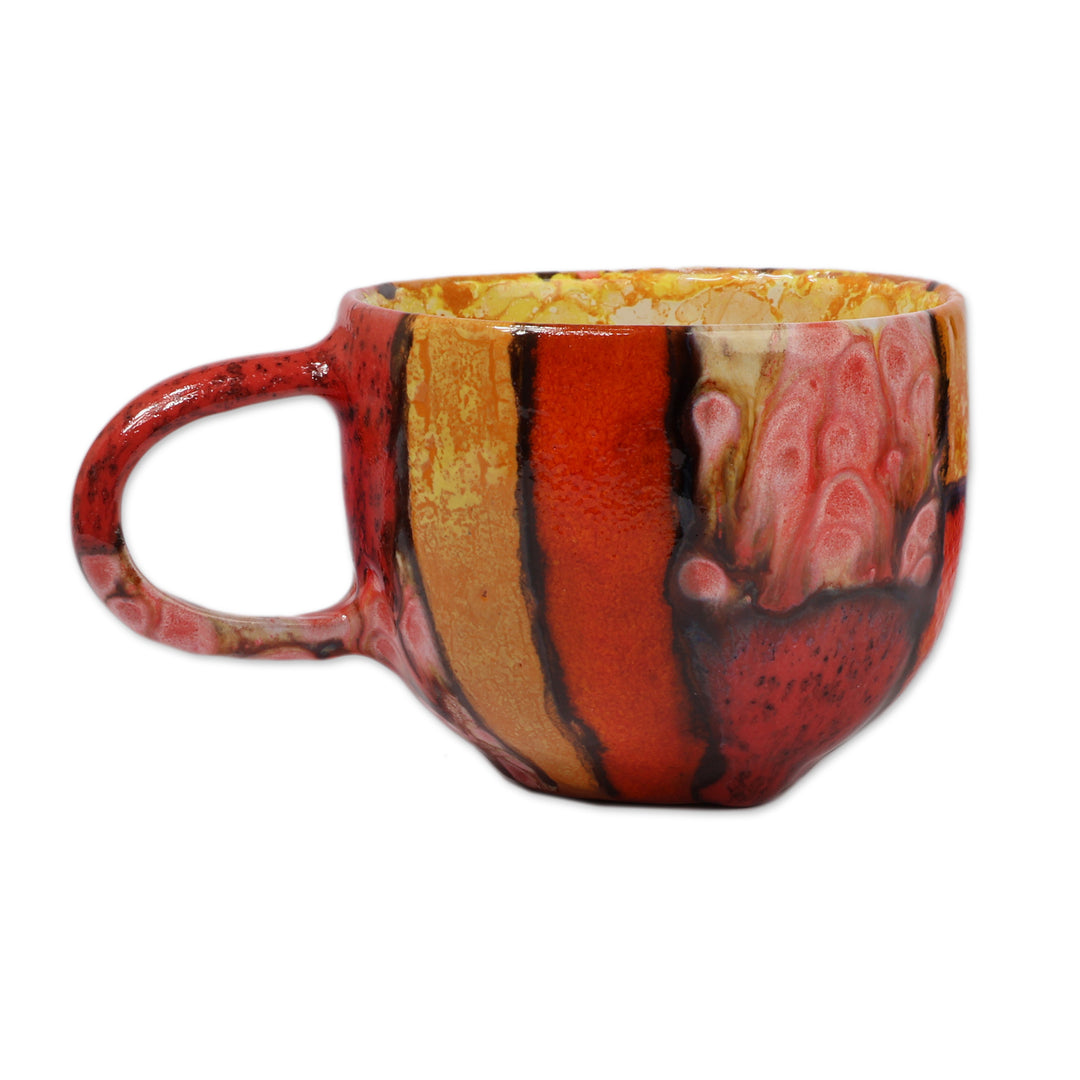 Red and Orange Glazed Ceramic Mug Handcrafted in Armenia - Cozy Fire