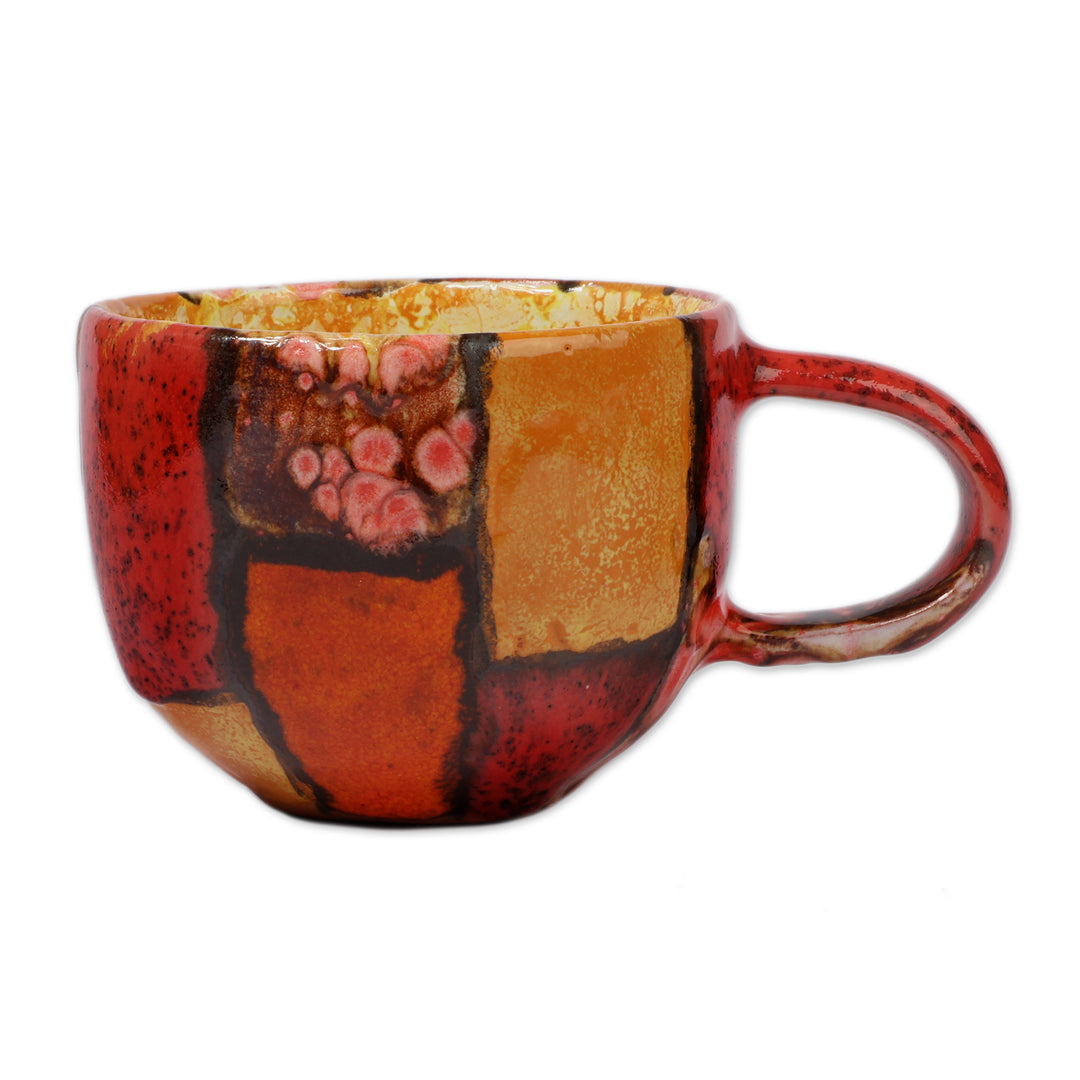 Red and Orange Glazed Ceramic Mug Handcrafted in Armenia - Cozy Fire
