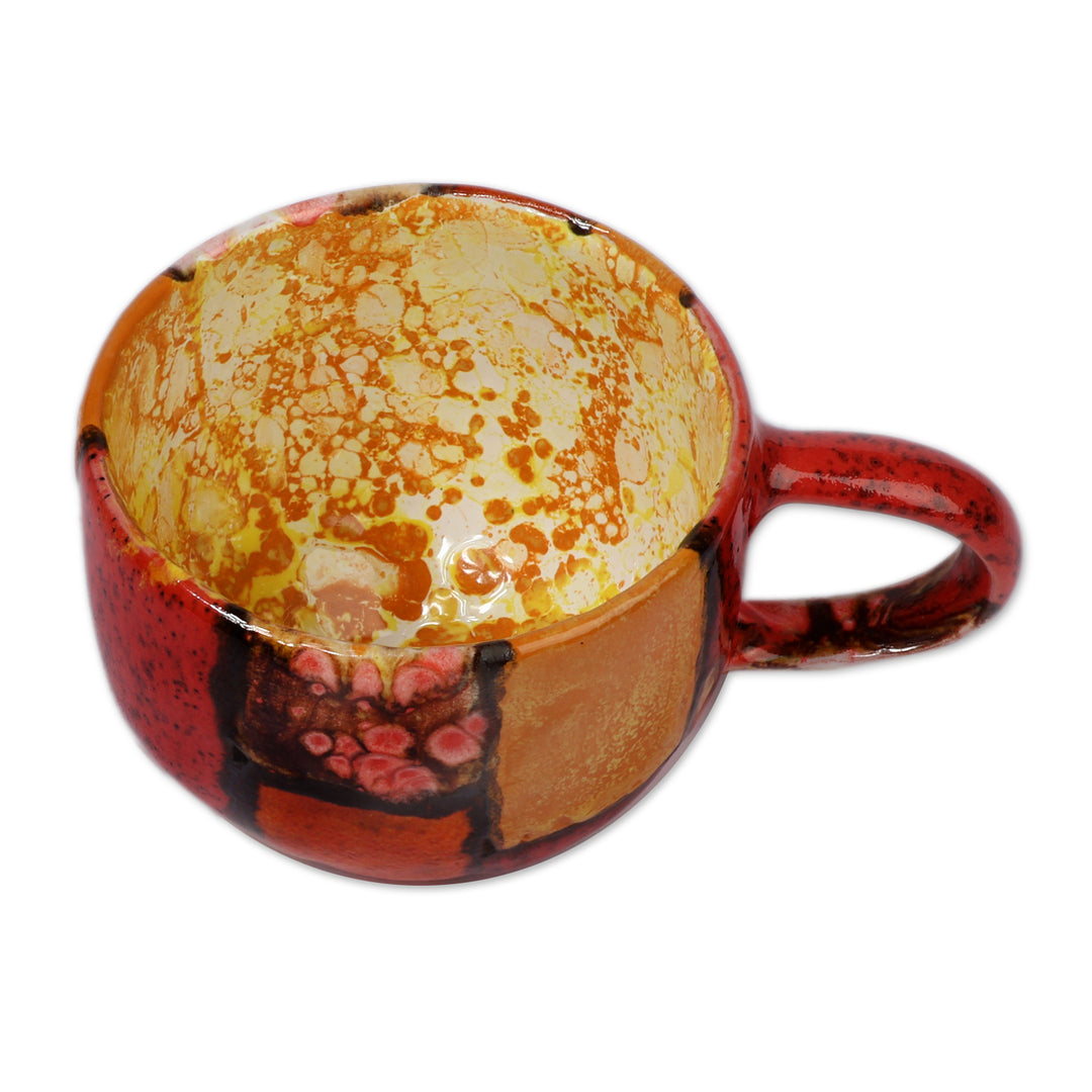 Red and Orange Glazed Ceramic Mug Handcrafted in Armenia - Cozy Fire