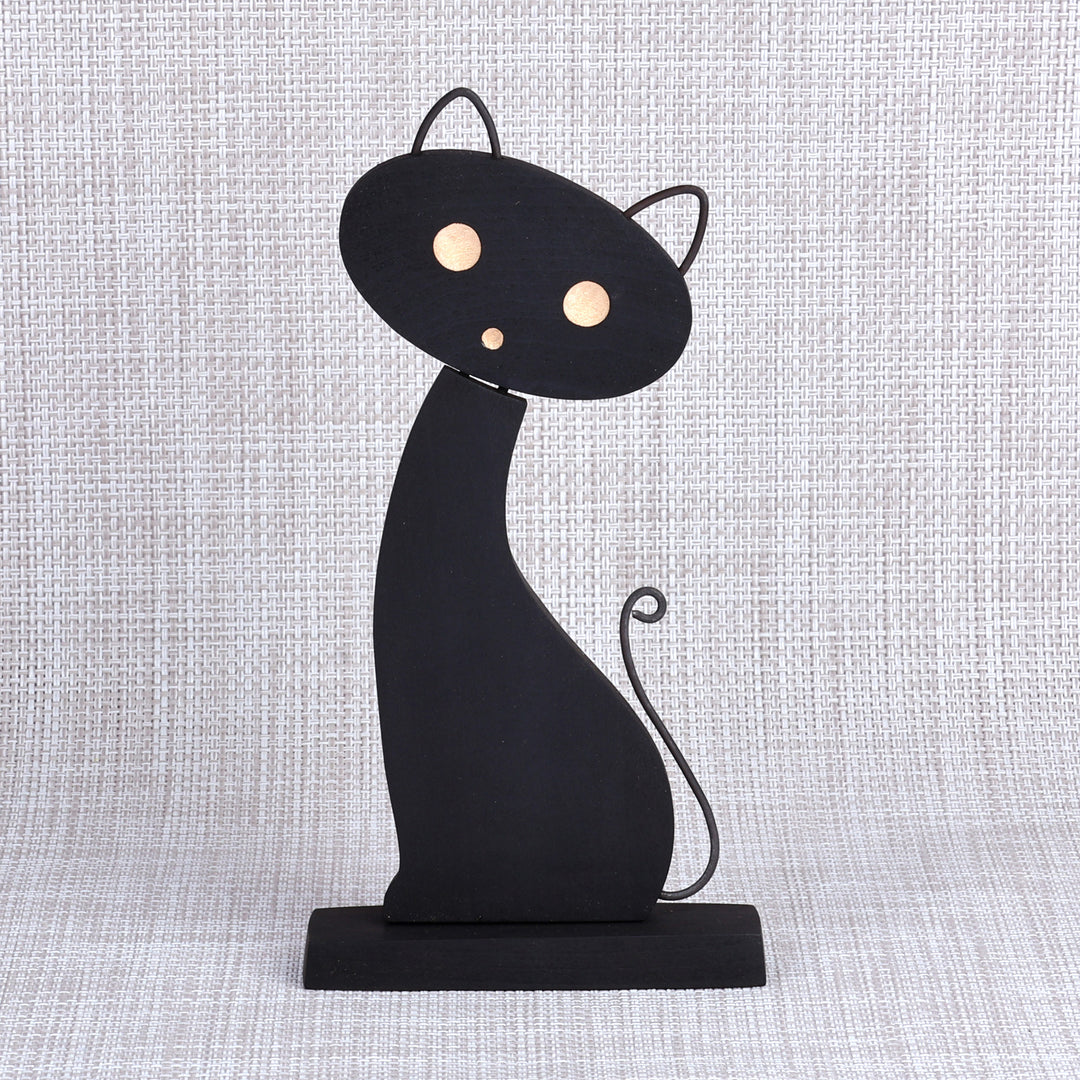 Handcrafted Tilia Wood and Stainless Steel Cat Sculpture - Miss Cat