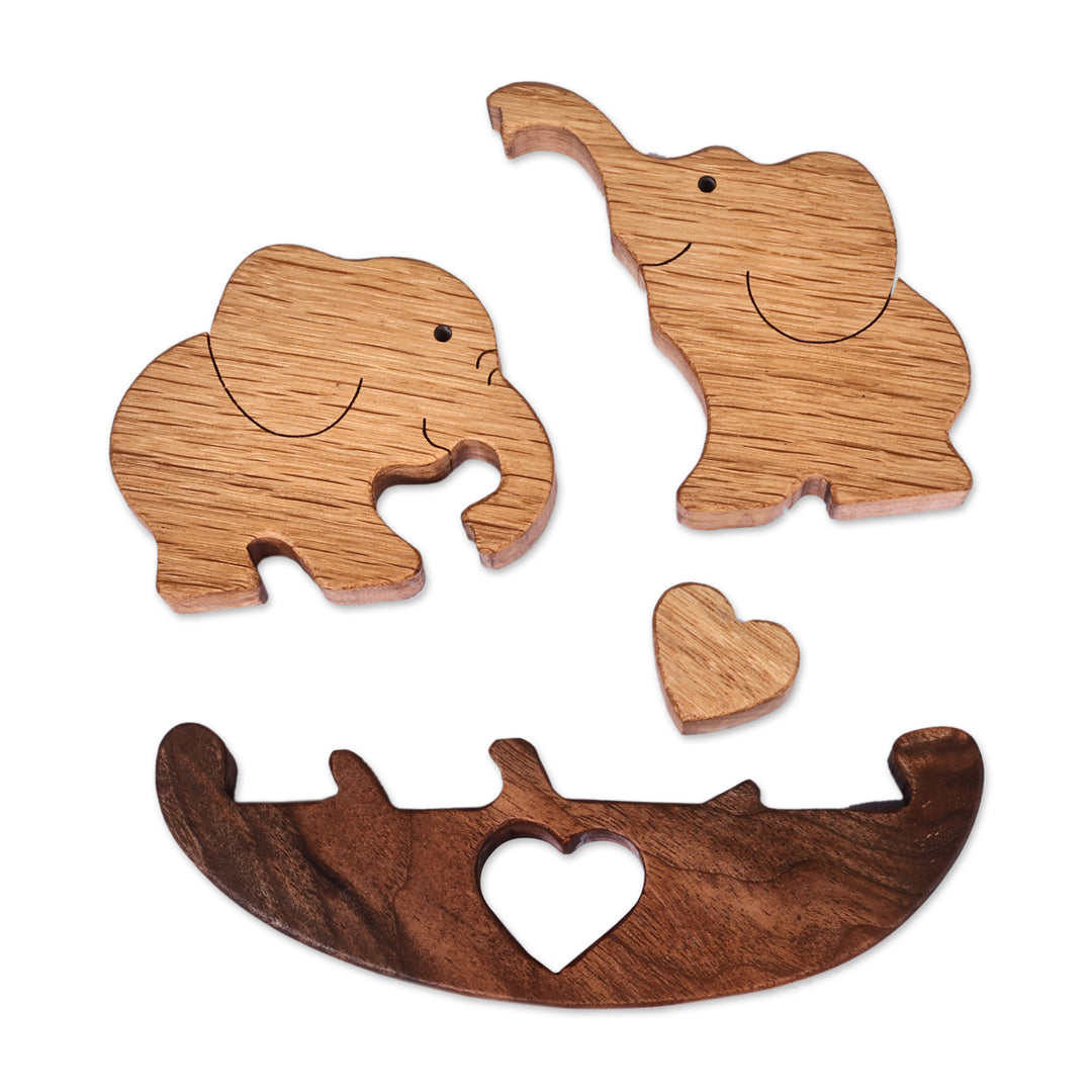 Hand-Carved 4-Piece Wood Baby Elephant Puzzle Sculpture - Giant Swing
