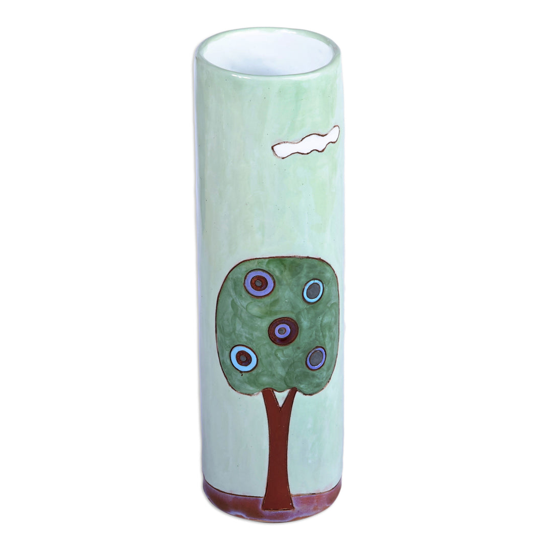 Hand-Painted Glazed Ceramic Vase with House Motif in Green - Delightful Homes