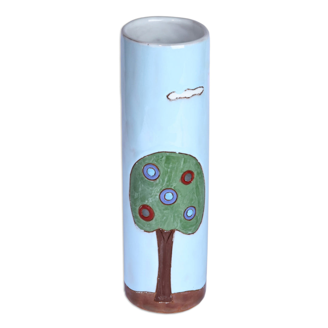 Hand-Painted Glazed Ceramic Vase with House Motif in Blue - Serene Homes