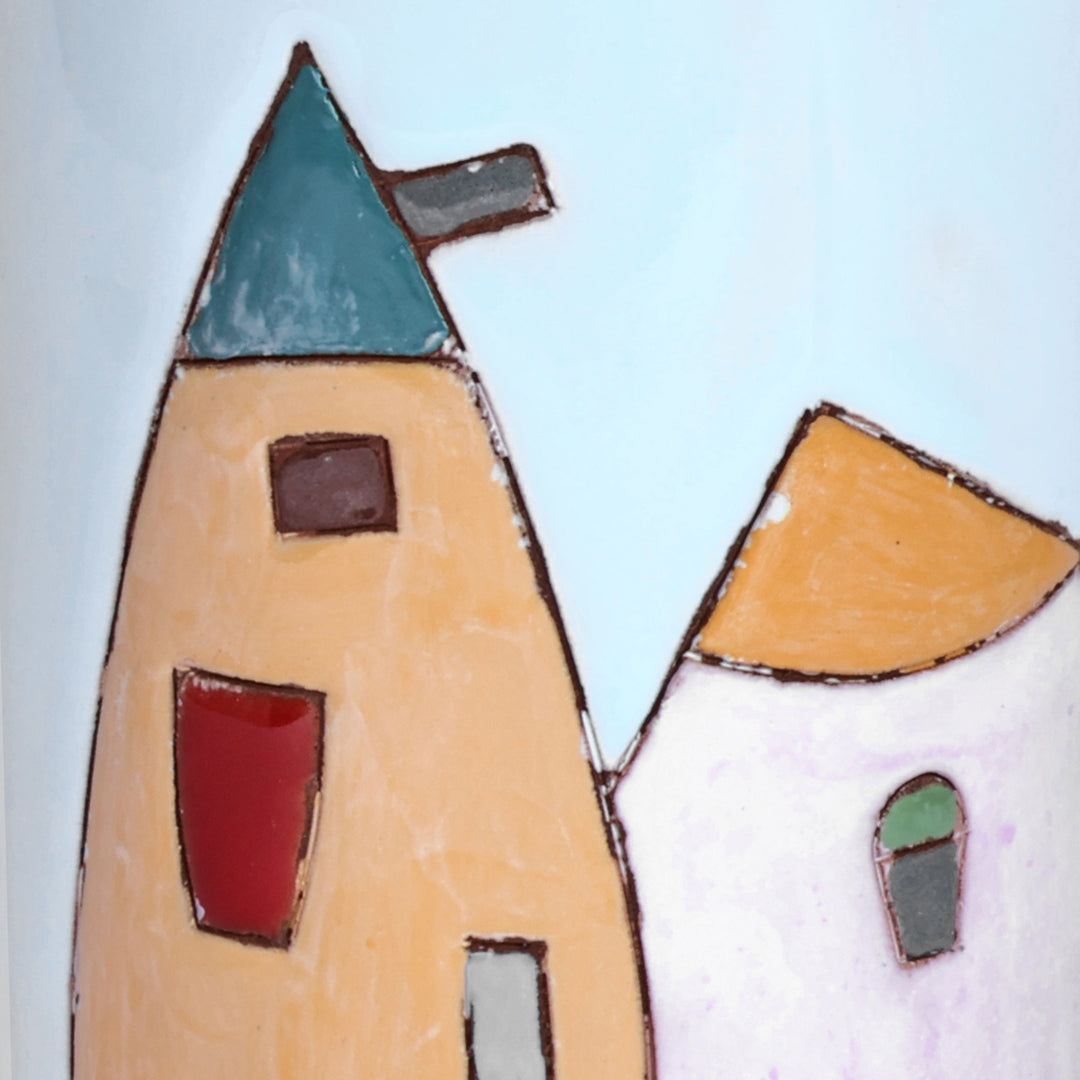 Hand-Painted Glazed Ceramic Vase with House Motif in Blue - Serene Homes