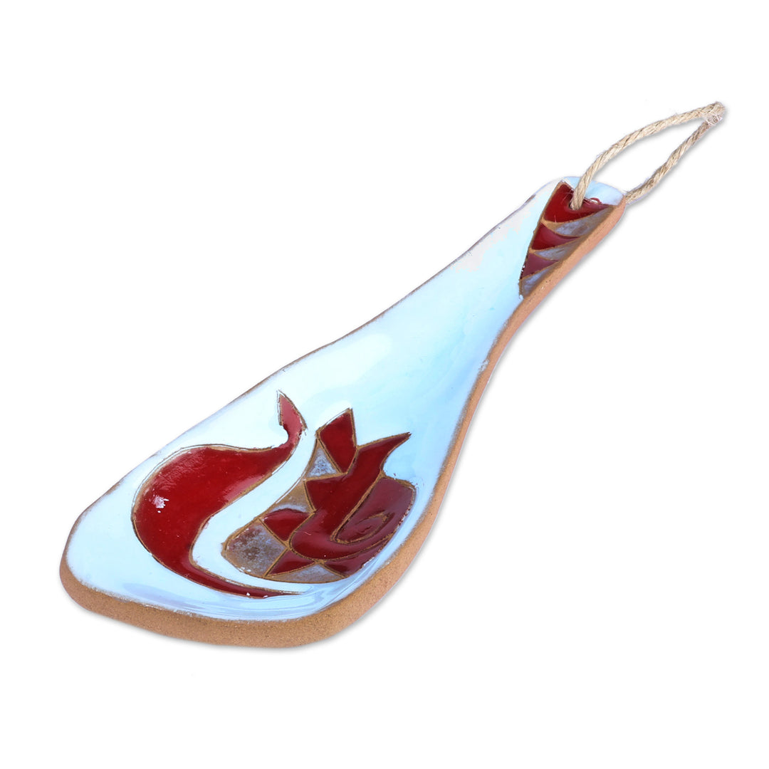 Pomegranate-Themed Painted Blue Ceramic Spoon Rest - Romance Flavors in Blue