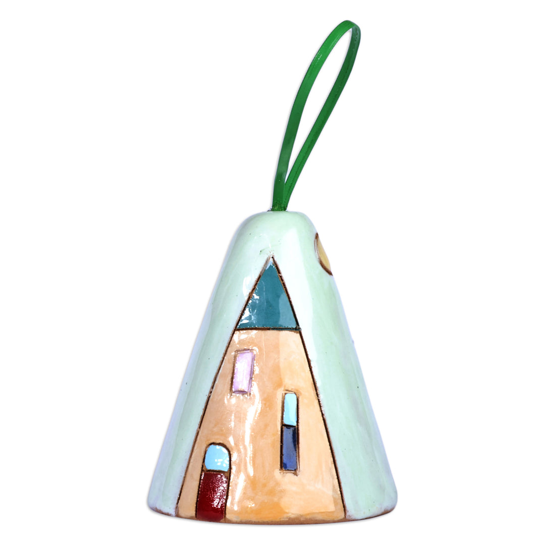 Handmade Glazed Ceramic Bell Ornament with House Motif - House and Nature