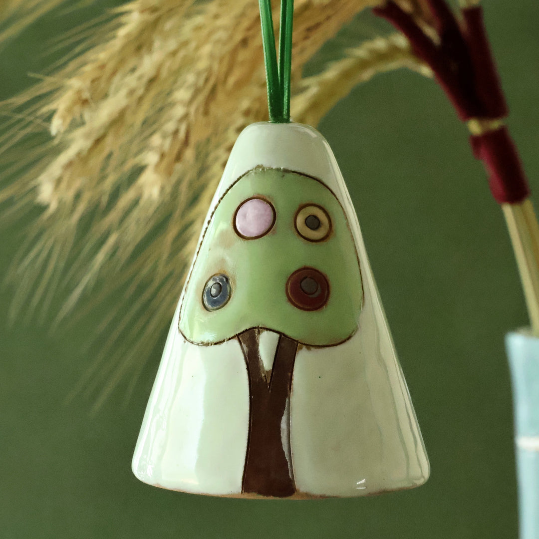 Handmade Glazed Ceramic Bell Ornament with House Motif - House and Nature