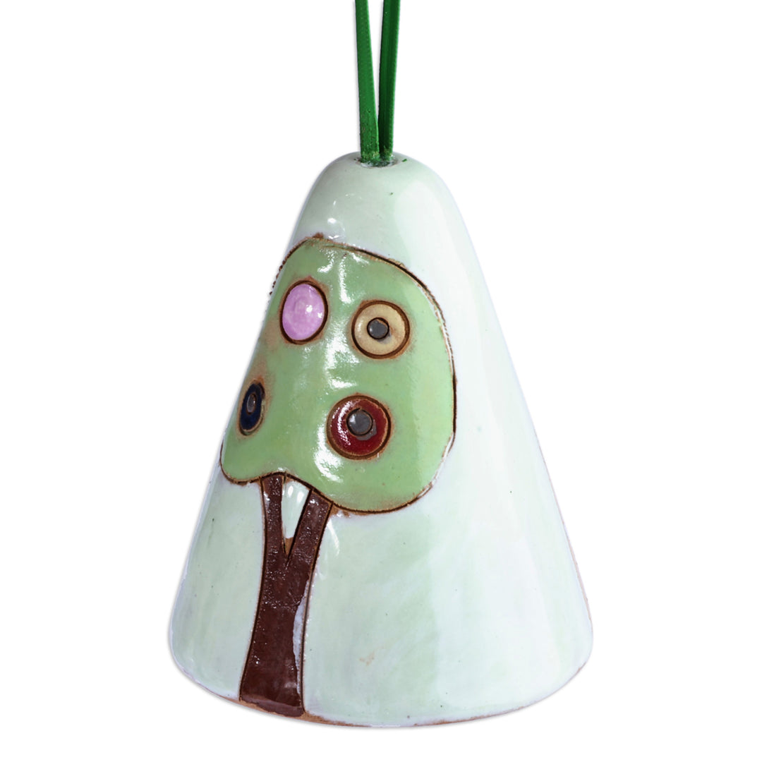 Handmade Glazed Ceramic Bell Ornament with House Motif - House and Nature