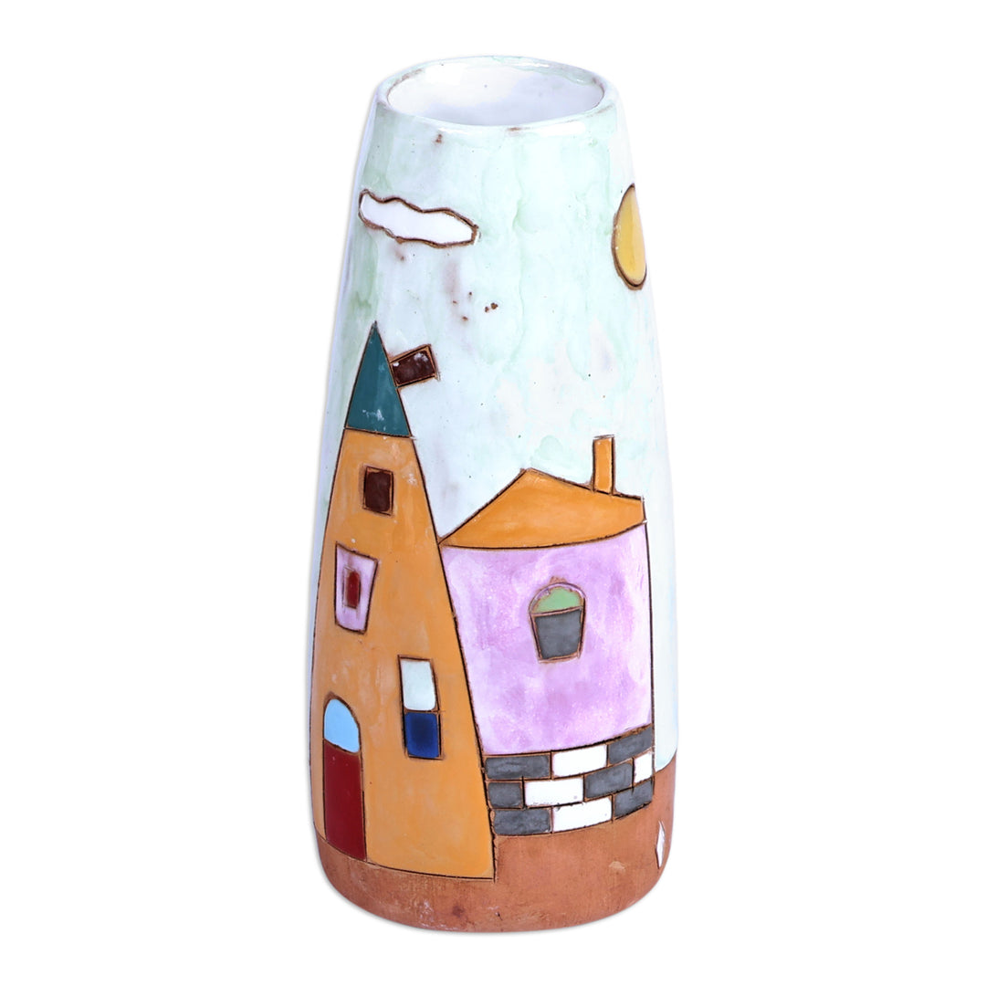 Armenian Hand-Painted Glazed Ceramic Vase with House Motif - Lovely Homes