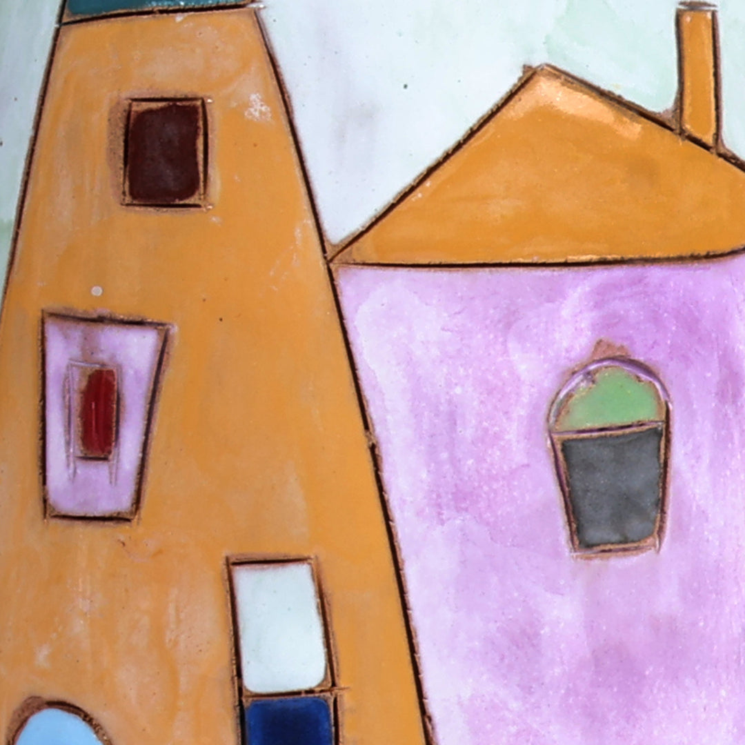 Armenian Hand-Painted Glazed Ceramic Vase with House Motif - Lovely Homes