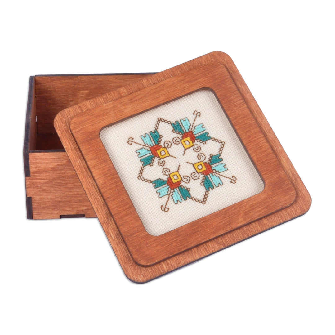 Handmade Wood Jewelry Box Topped by Cotton Embroidered Motif - Charming Lotus