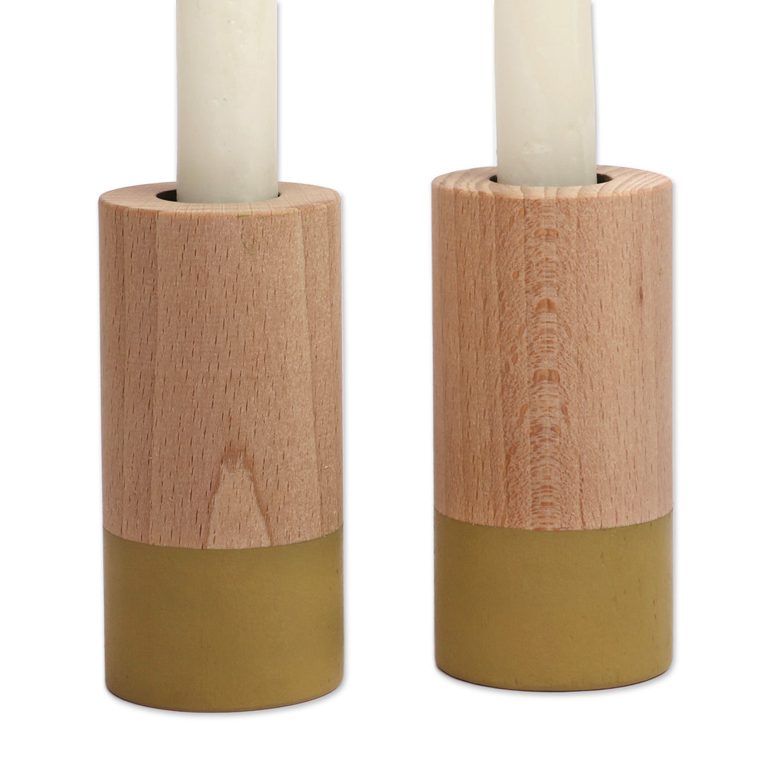 Minimalist Brown and Olive Green Beechwood Candleholder Pair - Minimalist Light