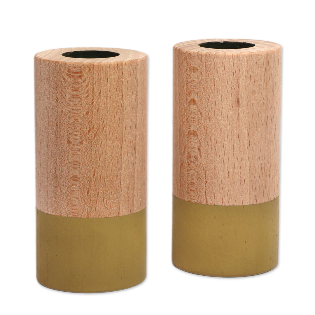 Minimalist Brown and Olive Green Beechwood Candleholder Pair - Minimalist Light