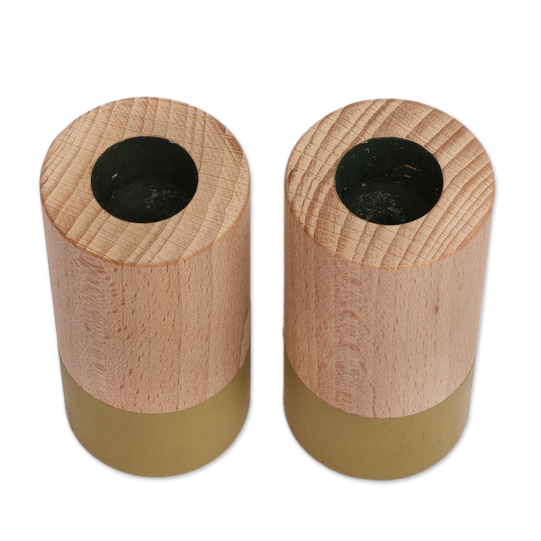 Minimalist Brown and Olive Green Beechwood Candleholder Pair - Minimalist Light