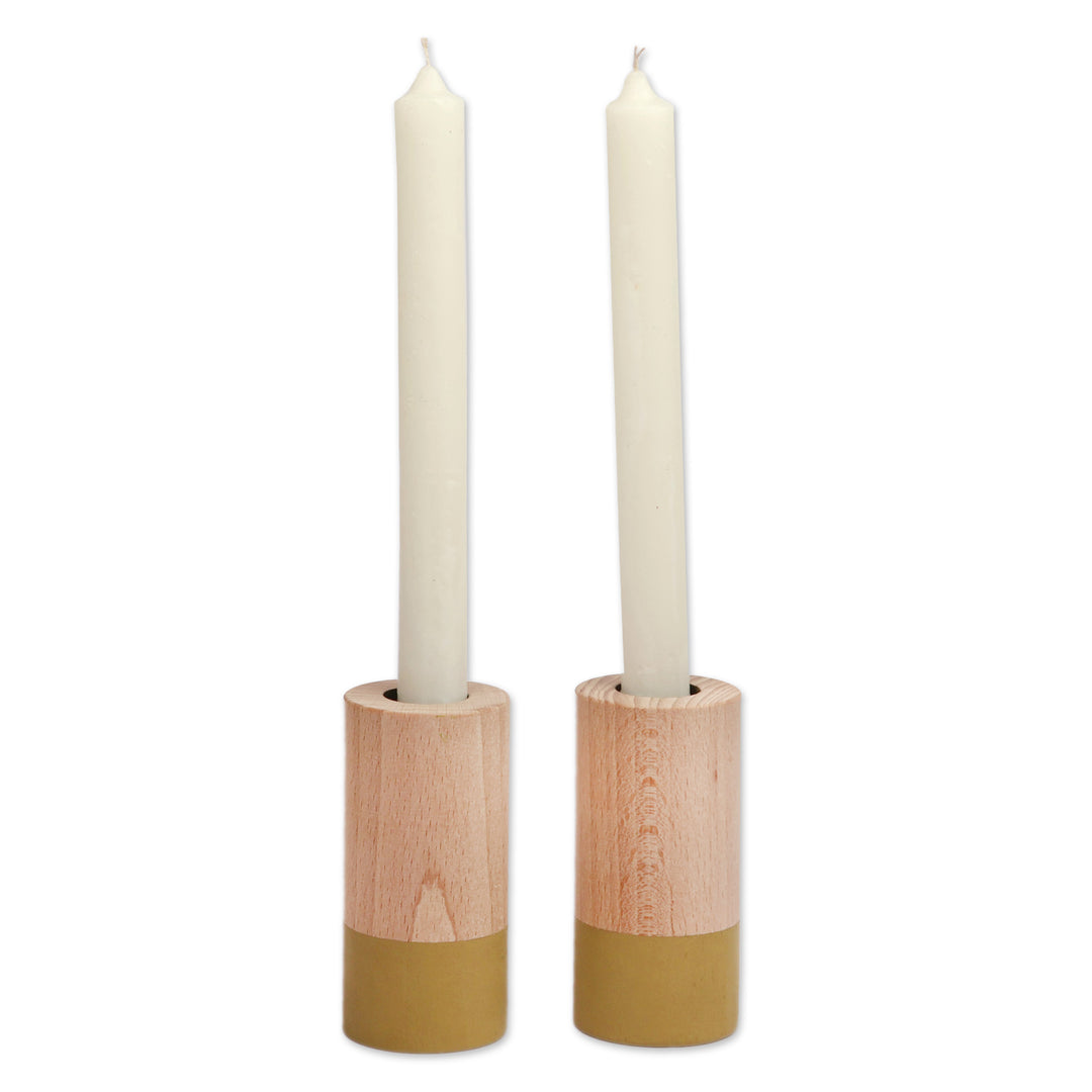 Minimalist Brown and Olive Green Beechwood Candleholder Pair - Minimalist Light
