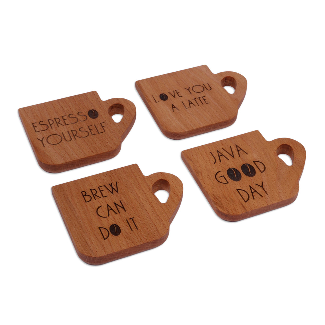 Inspirational Handmade Cup-Shaped 4-Piece Wood Coaster Set - Drinks & Quotes