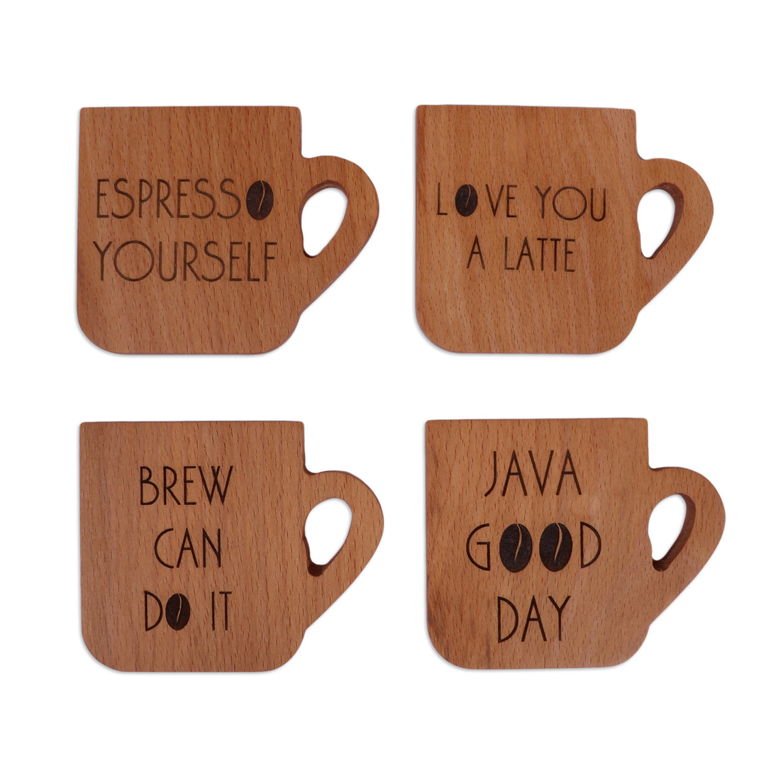 Inspirational Handmade Cup-Shaped 4-Piece Wood Coaster Set - Drinks & Quotes