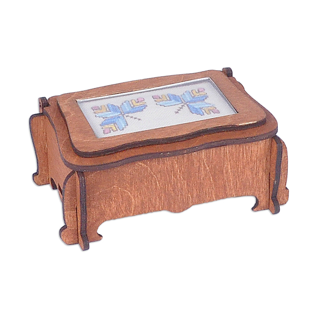 Handmade Wood Jewelry Box Topped by Lovely Embroidered Motif - Blue Butterflies