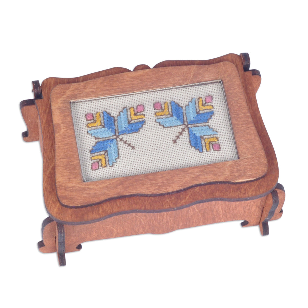 Handmade Wood Jewelry Box Topped by Lovely Embroidered Motif - Blue Butterflies