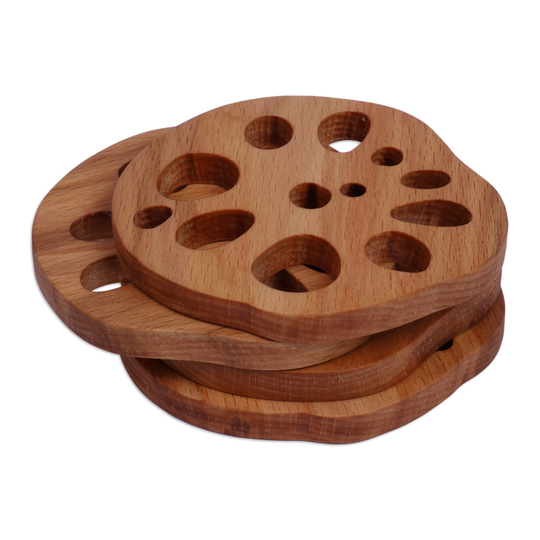 Cheese-Themed Set of 4 Beech Wood Coasters Carved in Armenia - Cheese Charm