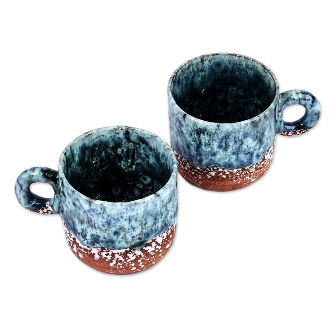 Set of 2 Handmade Blue and Brown Ceramic Cups and Saucers - Blue Coffee Breeze