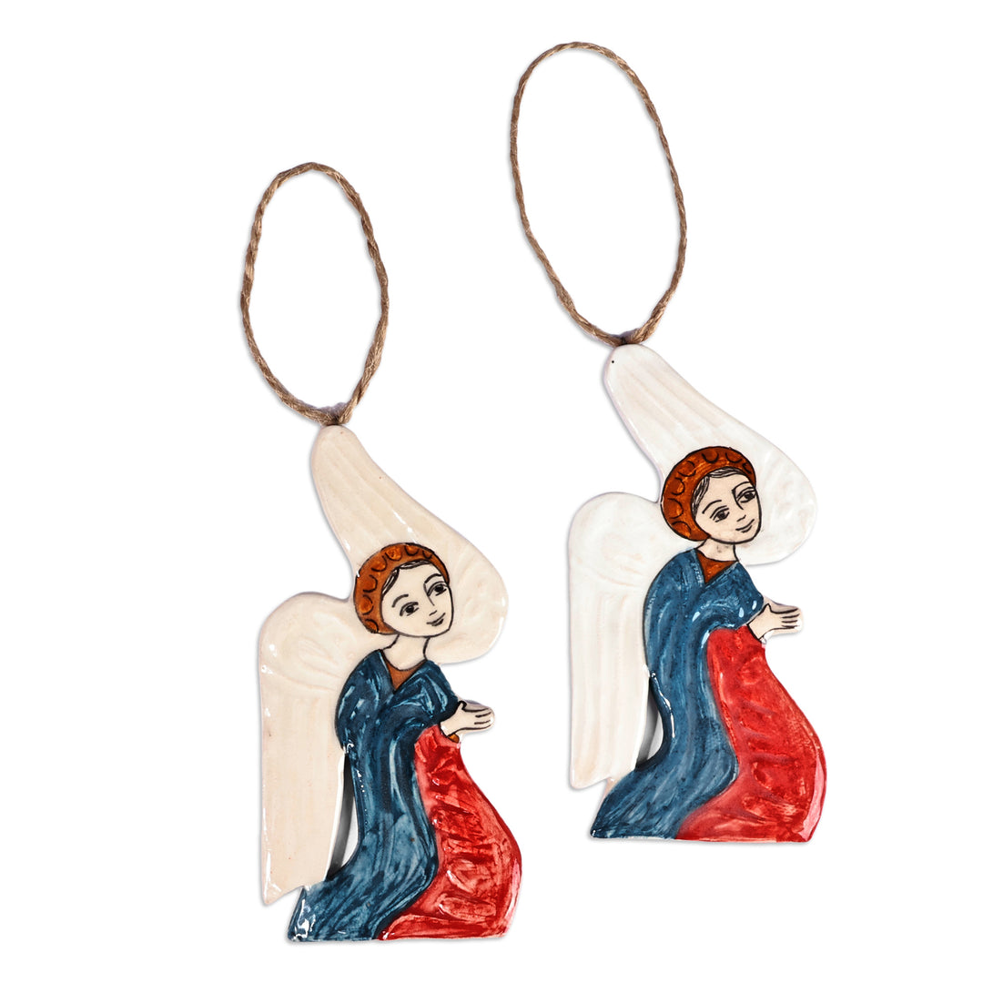 Pair of Angel-Themed Hand-Painted Glazed Ceramic Ornaments - Praying Angels