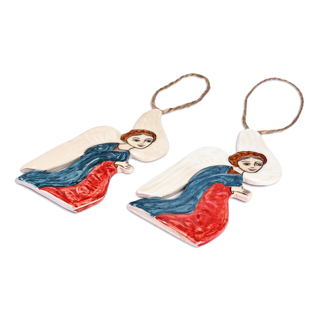 Pair of Angel-Themed Hand-Painted Glazed Ceramic Ornaments - Praying Angels