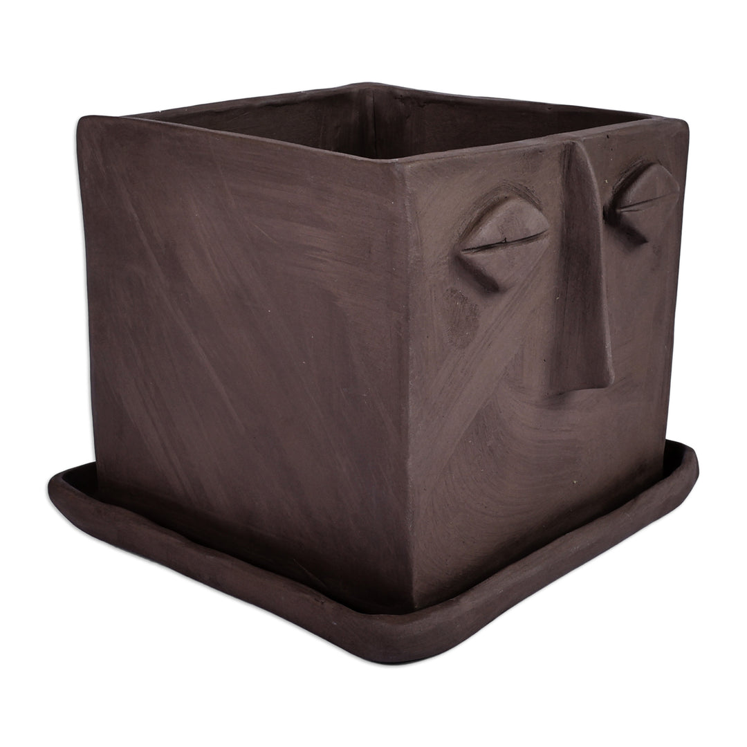 Handcrafted Whimsical Square Ceramic Vase with Plate - Square Faces