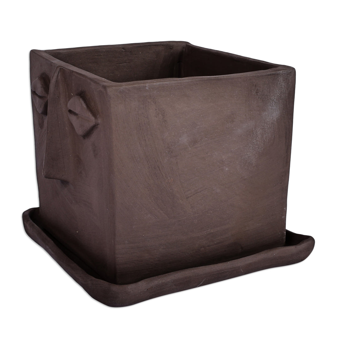 Handcrafted Whimsical Square Ceramic Vase with Plate - Square Faces
