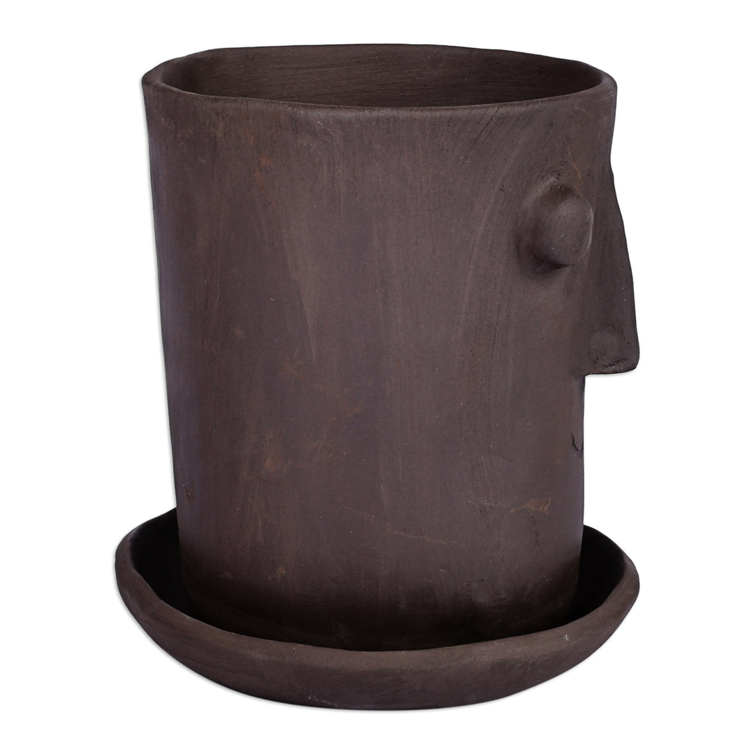 Handcrafted Whimsical Round Ceramic Vase with Plate - Round Faces