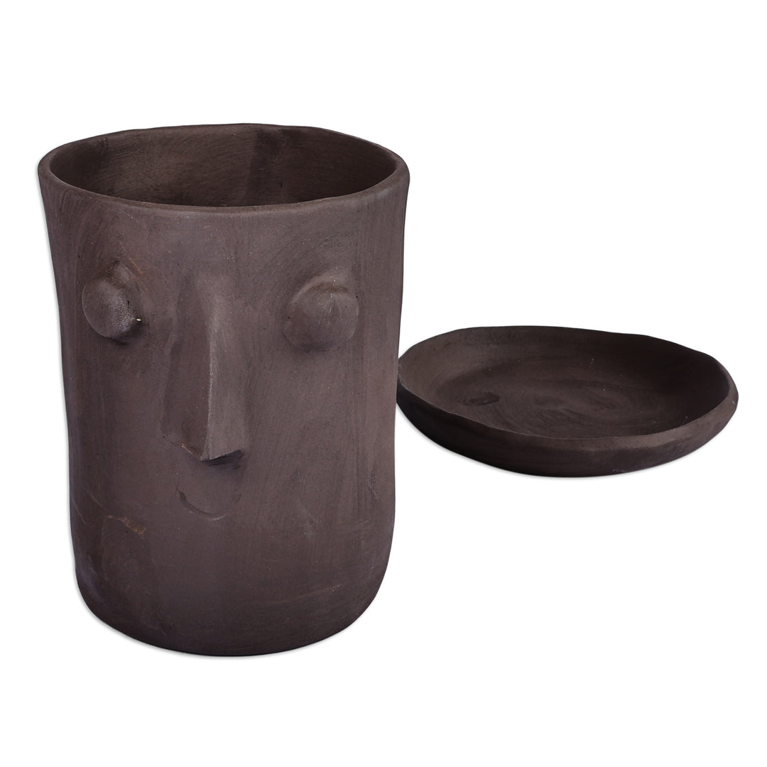 Handcrafted Whimsical Round Ceramic Vase with Plate - Round Faces