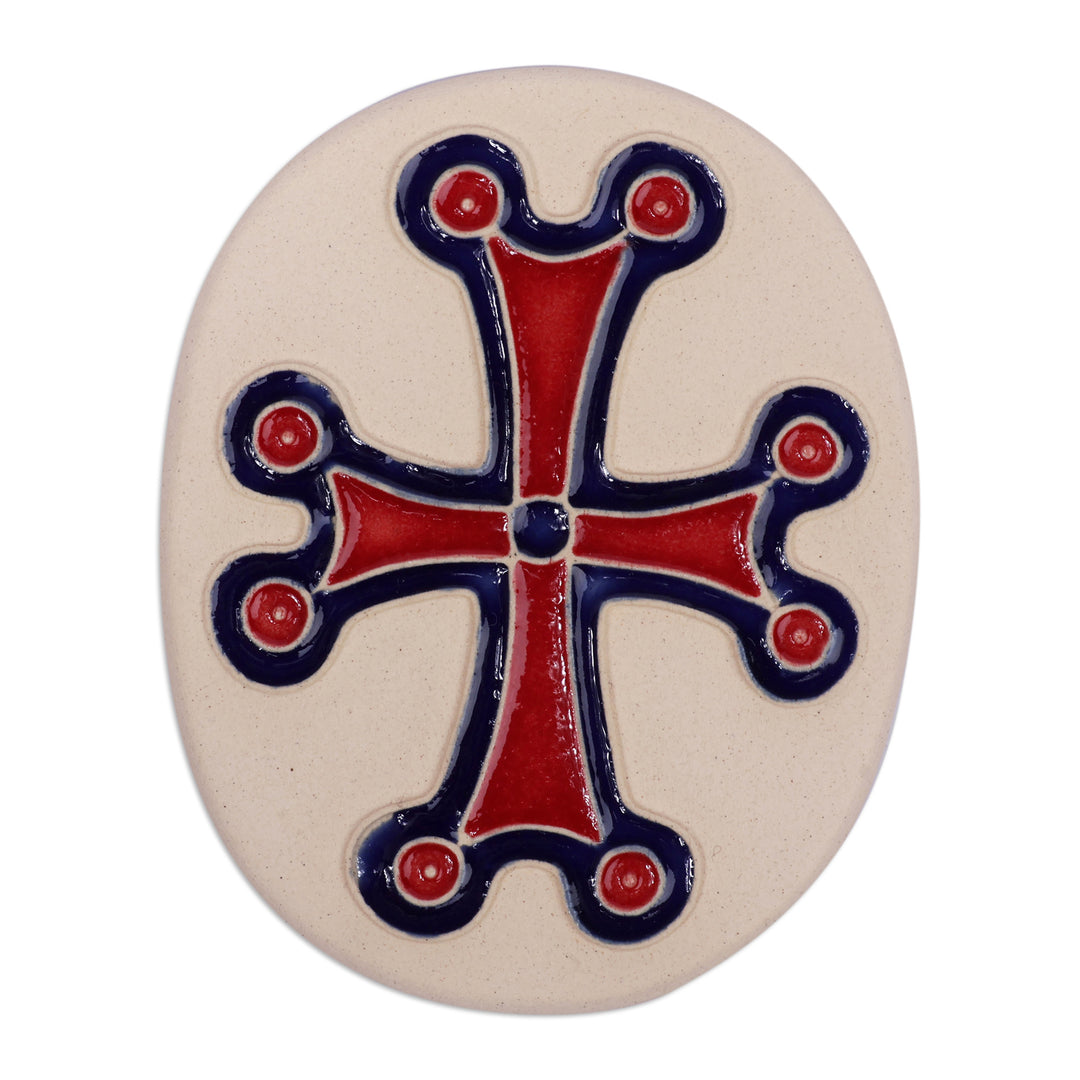 Folk Art Cross-Themed Oval Ceramic Magnet in Red and Blue - Sacred Red