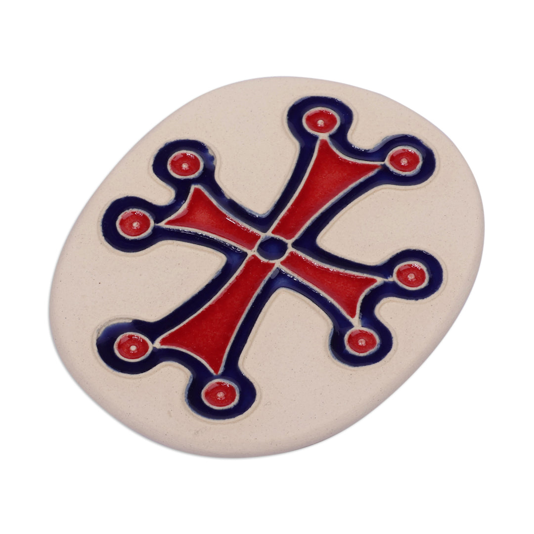 Folk Art Cross-Themed Oval Ceramic Magnet in Red and Blue - Sacred Red