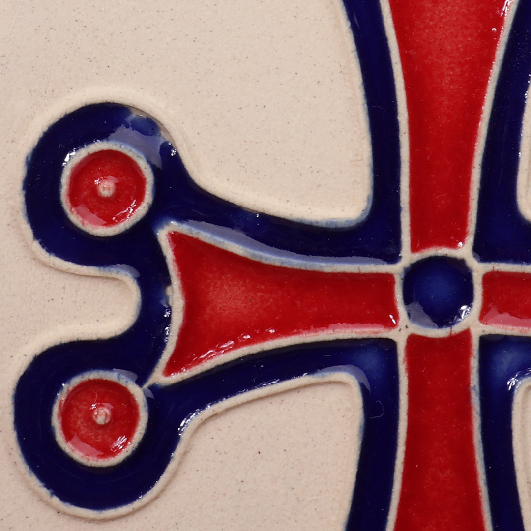 Folk Art Cross-Themed Oval Ceramic Magnet in Red and Blue - Sacred Red